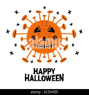 Halloween hand drawn coronavirus bacteria with scary face and lettering. Isolated on white background. Vector stock illustration. Stock Vector