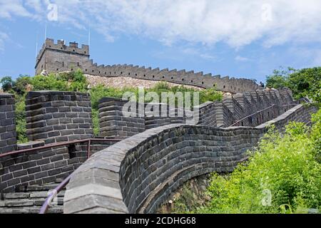 Restored Great Wall of China and watchtower at the Juyong Pass / Juyongguan Pass, part of the Ming Great Wall north of Beijing, Hebei Province Stock Photo