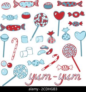 Vector collection of candies. Set of sweets in Christmas red and blue colors. Design concept for candy shop or New Year postcard. Stock Vector