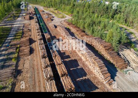 Aerial view of a railroad yard with log piles and train wagons loaded with timber for transport at Summer , Finland Stock Photo