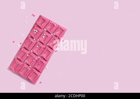Handmade trendy pink or ruby chocolate. Made from eco natural ruby cocoa beans Stock Photo