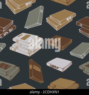 Vector seamless pattern of books and stacks of books isolated on a dark background. Concept for book shop. Stock Vector