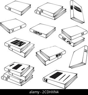 Black and white vector set of books and piles of books isolated on a white background. Concept for book shop. Stock Vector