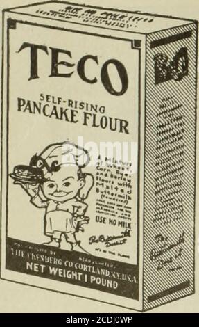 . American cookery . EASTERN SALES OFFICE•IOW. 40™ ST.NEW YORK CITY MANUFACTURER STSRM SAIES OFFICE37 S.WABASH AVE.CHICAGO -ILL. Buy advertised Goods — Do not accept substitutes 219 AMERICAN COOKERY. TECO SELF-RISING Pancake and Buckwheat Flour teg* &lt;$*&&» IVa In the Flour. A little TECO and cold water andyou have enough pancakes for thefamily. And TECO pancakes areas delicious as they are nourishingbecause there is malted butter-milk mixed with the flour. THE EKENBERG CO. CORTLAND, N. Y.SAWYER CRYSTAL BLUE CO. New England Agents88 Broad Street Boston, Mass. NESNAH forSchool Children Childr Stock Photo
