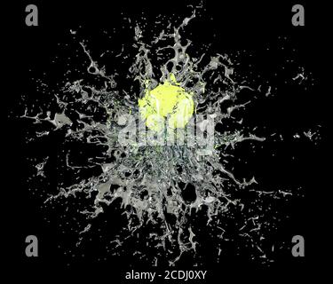 Yellow tennis ball in splashes of water on black background. 3D rendering Stock Photo