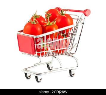 Ripe red tomatoes in shopping cart Stock Photo