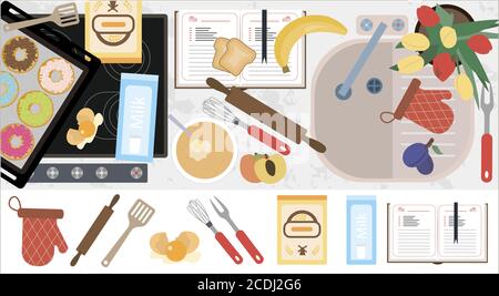 Top view of the kitchen countertop with a stove, sink, kitchen equipment, food and ready-made pastries. Flat vector illustration of the kitchen interior with a cookbook and a set of cooking attributes. Image for a restaurant, home interior, menu, or cooking site. Stock Vector