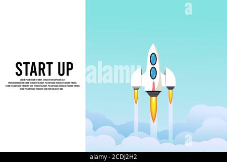 Rocket launch in the sky, cloud, smoke clouds, space. Space ship. interstellar travels. Business concept. Start up template. background. Simple modern Stock Vector