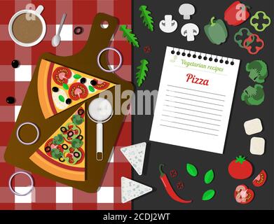 Italian vegetarian pizza, a leaf with a recipe and ingredients. Top view of a table with a checkered napkin, pizza slices, a knife and vegetables. Everything for cooking vegan pizza, peppers, tomatoes, onions, olives, arugula, oregano, mushrooms and soy cheese. A leaf from a notebook with vegetarian recipes to write down. Stock Vector