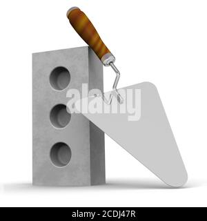 One silicate brick and a trowel. A silicate brick and a trowel on a white surface. 3D illustration Stock Photo