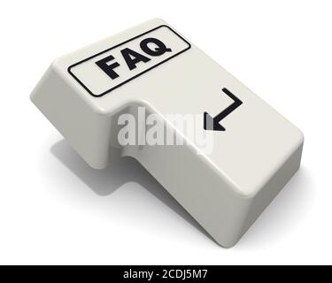 Enter key with FAQ word. Computer Enter key with FAQ accronym (frequently asked questions) isolated on white background. 3D Illustration Stock Photo