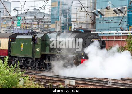 The Royal Scot Class 6100 steam locomotive at Warrington Bank Quay station as railtours re-open after Covid lockdown. Stock Photo