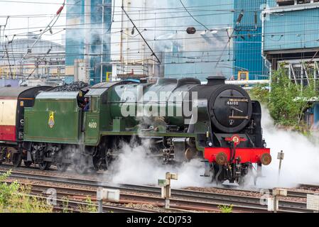 The Royal Scot Class 6100 steam locomotive at Warrington Bank Quay station as railtours re-open after Covid lockdown. Stock Photo