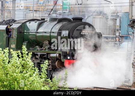 The Royal Scot Class 6100 steam locomotive at Warrington Bank Quay station as railtours re-open after Covid lockdown. Stock Photo