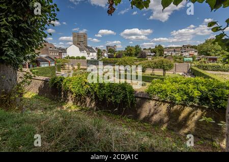 Rose garden (Jardin des Roses) in Sittard with rose bushes, green trees, bushes and pedestrian sidewalks seen from a hill with an urban landscape Stock Photo
