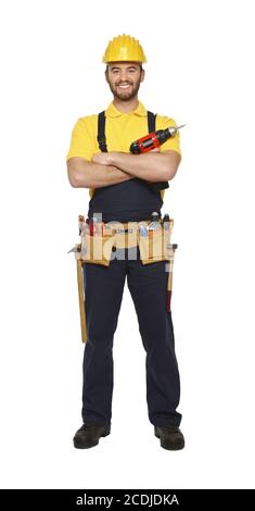 young worker standing with red drill Stock Photo