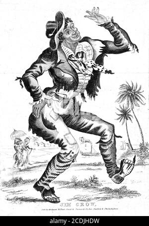 Jim Crow. Print shows African American man in tattered clothes walking ...