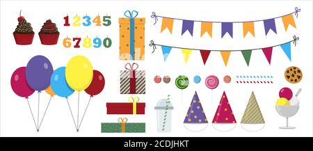 Vector set for a party, birthday. Flat illustration design with balloons, gifts, garlands, sweets and drinks. All holiday items in the same style. Bright caps for children s events Stock Vector