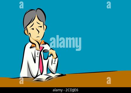 office people. cartoon man in office boring be inattentive , boring in work or office life Stock Photo