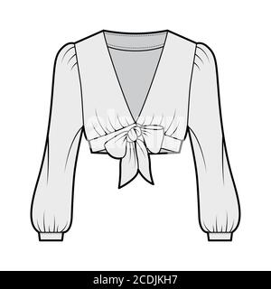 Tie-front cropped shirt technical fashion illustration with voluminous long sleeves, plunging neckline. Flat blouse apparel template front, grey color. Women, men, unisex top CAD mockup.  Stock Vector