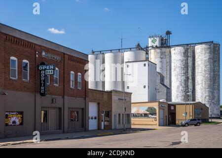 Buildings and grain silo on main street of Rock Rapids Stock Photo