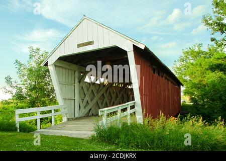 Imes Covered Bridge of Madison County appears to lean from a low angle Stock free photo Stock Photo