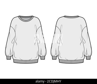 Cotton-terry slouchy oversized sweatshirt technical fashion illustration with loose relaxed fit, crew neckline, long sleeves. Flat jumper apparel template front, back, grey color. Women, men top CAD Stock Vector