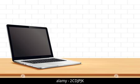 Modern laptop with blank screen on table against brick wall Stock Vector