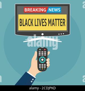 Black Lives Matter breaking news flat design concept. Human holding remote control and watch smart tv with Black Lives Matter protest breaking news. Stock Vector