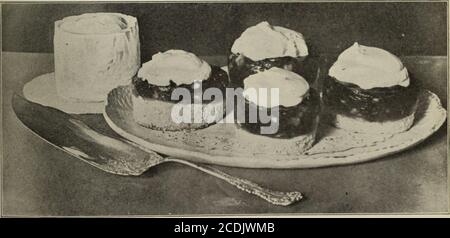 . American cookery . PEACH TARTS fruit dessert, using fresh pineapple andcherries if possible, as well as other fruit.Prepare strips of stiff, glazed paper, wideenough to reach an inch above the cakerounds. Pin this around the cake andfasten. As soon as the jelly begins tostiffen drop it on to the cake as high asthe paper collar. Set in the ice box tillserving time.  hen needed, remove thepaper and pile sweetened whipped creamon top of each round. Hot Water Sponge Cake Beat the yolks of four eggs thoroughly;add one and a half cups of powdered sugarand cream well. Add the whites, wellbeaten, Stock Photo