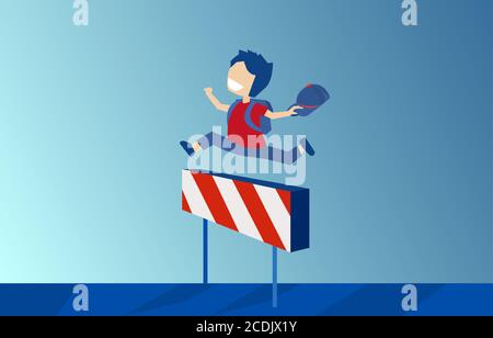 Vector of a boy with backpack jumping over hurdle race obstacle on blue background Stock Vector