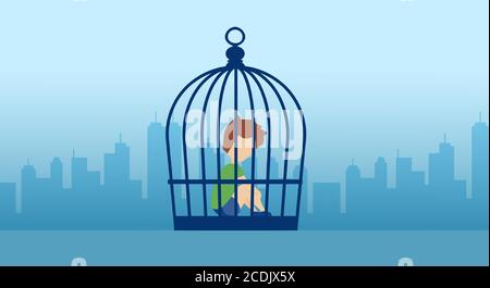 Vector of a lonely kid sitting inside the cage on a city background Stock Vector