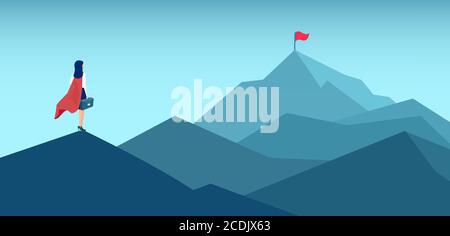 Vector of a super woman looking at her goal, mountain with red flag on the top Stock Vector