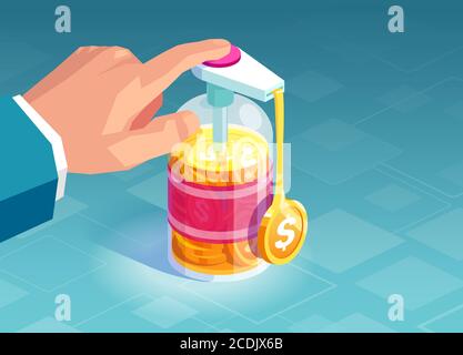Vector of a businessman pumping hand sanitizer bottle with dollar coins coming out Stock Vector