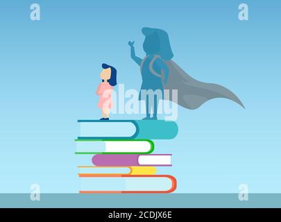 Vector of a little girl standing on a pile of books with super hero shadow of herself Stock Vector