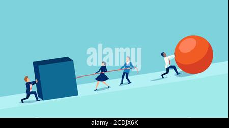 Vector of a smart businessman pushing a sphere leading the race against a team of slower business people pushing a box. Winning strategy concept Stock Vector