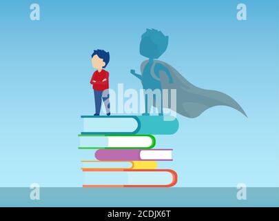 Vector of a confident boy standing on a pile of books with super hero shadow of himself Stock Vector