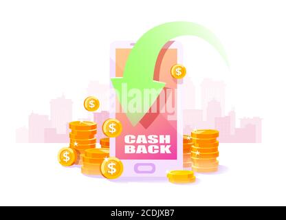 Cashback program concept. Vector of a smartphone with arrow and cash back iscription and refund money Stock Vector