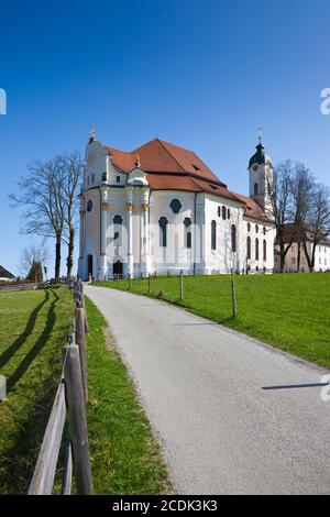 The Pilgrimage Church of Wies (Wieskirche) is an oval Rococo Church near Steingaden at the foothills of the Alps. It was designed by Dominikus Zimmerm Stock Photo