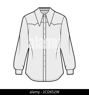 Western-inspired shirt technical fashion illustration with long sleeves with cuff, front button-fastening, exaggerated point collar. Flat template front, grey color. Women men unisex top CAD mockup Stock Vector