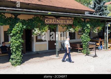 A volunteer train conductor in traditional uniform at Grünburg station on the Steyrtal-Museumsbahn (Steyr Valley Railway Museum), Steyr, Upper Austria Stock Photo