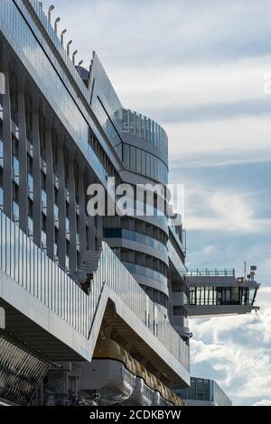 Detail shot of the cruise ship AIDA perla in the harbor of Hamburg at the Altona Cruise Center near the office building Dockland, Germany Stock Photo