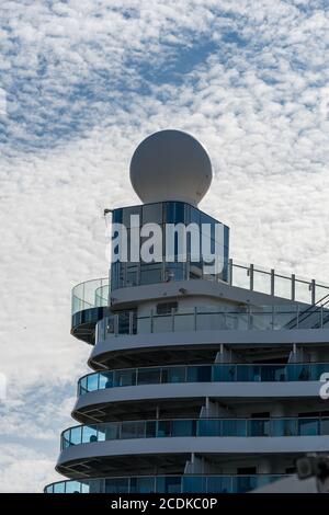 Detail shot of the cruise ship AIDA perla in the harbor of Hamburg at the Altona Cruise Center near the office building Dockland, Germany Stock Photo