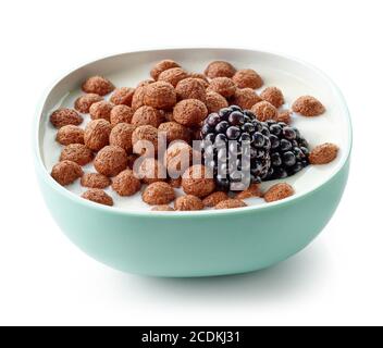 bowl of sweet breakfast cereal chocolate balls with milk and blackberries isolated on white background Stock Photo