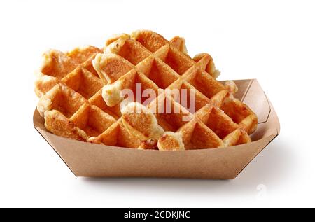 belgian waffles in paper take away box isolated on white background Stock Photo