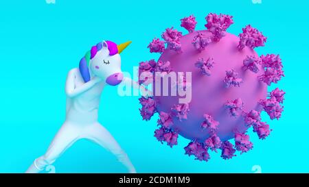 Unicorn fighting coronavirus, conceptual illustration. Stock Photo