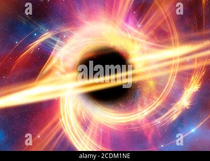 Black hole, conceptual illustration. A black hole is formed when the core of a star collapses under its own weight. This increases its gravitational field to the point where, beyond a boundary known as the event horizon, nothing, not even light, can escape. Only sufficiently massive stars form black holes, doing so when they have used up the fuel that sustained their nuclear explosions. Stock Photo