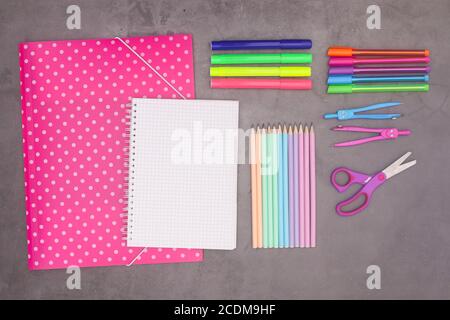 Back to school image. School stationery and supplies for writing on work table Stock Photo