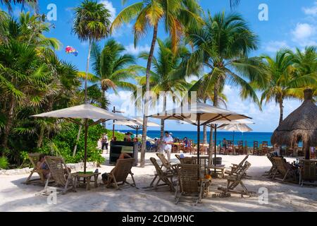 XCARET,MEXICO - APRIL 16,2019 : The beach area at XCaret Park on the Mayan Riviera on a beautiful sunny day Stock Photo