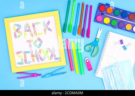 Back to school image. School stationery and supplies for writing on work table Stock Photo